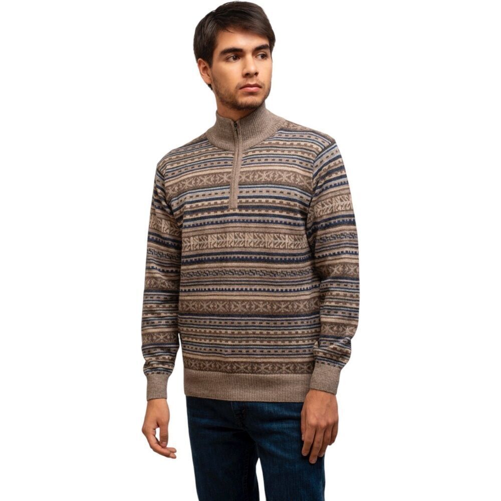 Pure Alpaca Augusto Baby Alpaca Peruvian Geometric Quarter Zip Sweater Beige SM